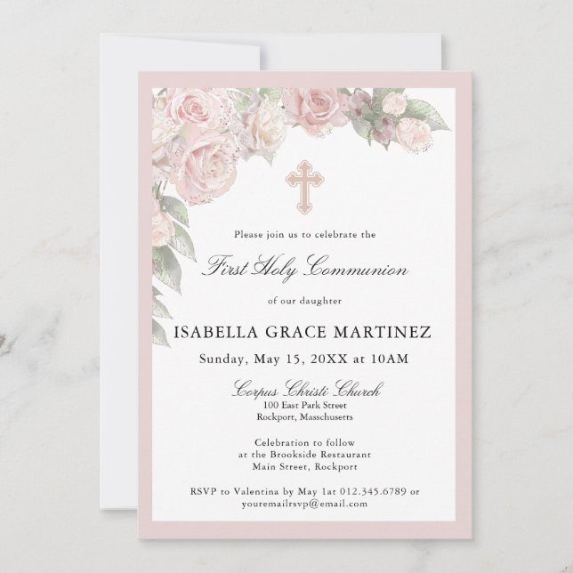Invitación Pink Rose Floral First Communion Invitation (Anverso)