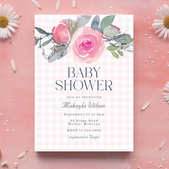 Invitación Pink Rose Floral Gingham Chica Baby Shower (Subido por el creador)