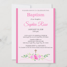 Invitación Pink Rose Floral Watercolor Cross Stripe Baptism