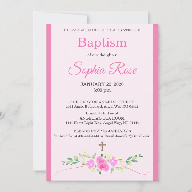 Invitación Pink Rose Floral Watercolor Cross Stripe Baptism (Anverso)