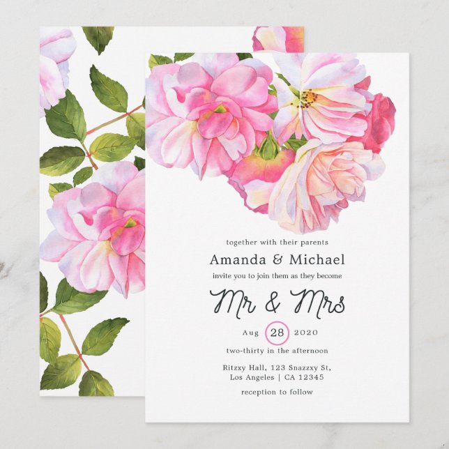 Invitación Pink Rose Garden Sr. y Sra. Boda (Anverso / Reverso)