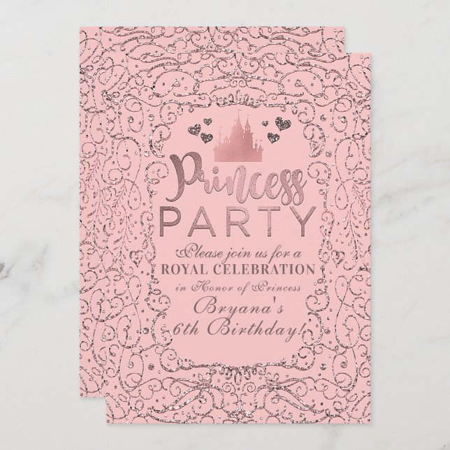 Invitación Pink Rose Gold Filigree PRINCESS FIESTA Cumpleaños (Anverso / Reverso)