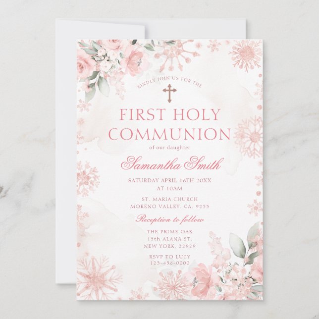 Invitación Pink Rose Gold Floral Winter First Holy Communion (Anverso)