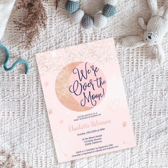Invitación Pink rose gold glitter over the moon baby shower (Subido por el creador)