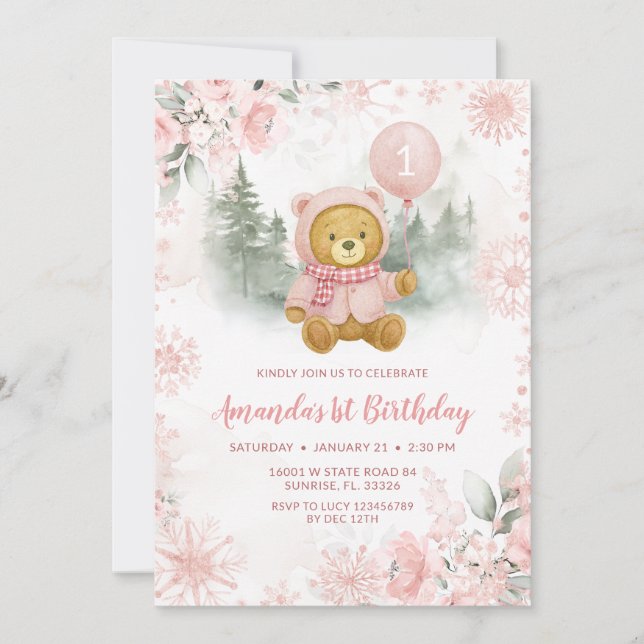 Invitación Pink Rose Gold Winter Bear Balloon 1st Birthday (Anverso)
