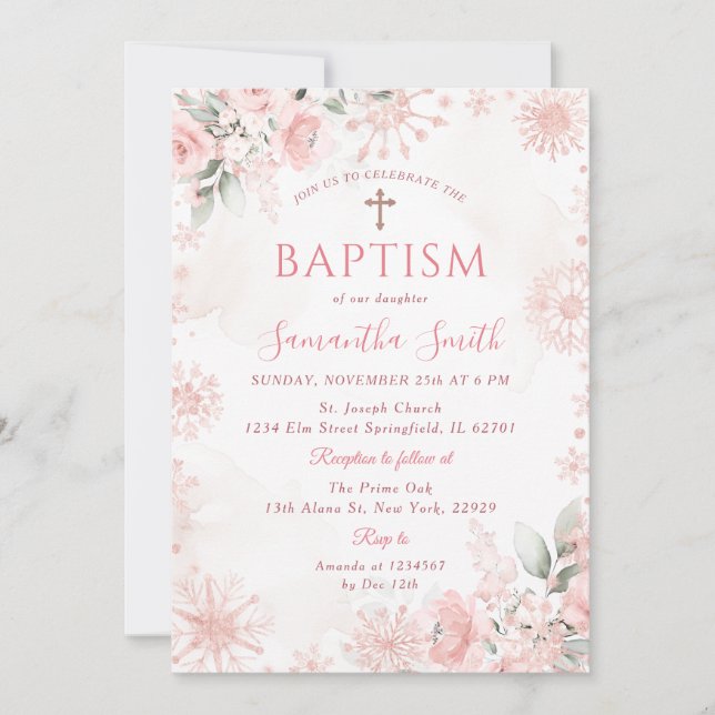 Invitación Pink Rose Gold Winter Floral Cross Girl Baptism (Anverso)
