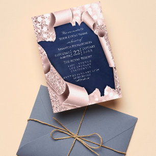 Invitación Pink Rose Pastel Polvo 3D Frame Blue Navy