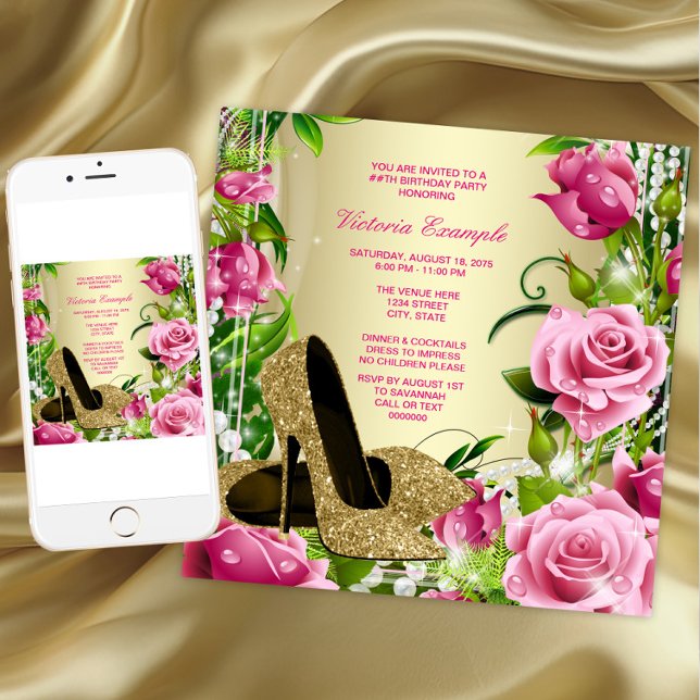 Invitación Pink Rose Pearl Gold High Heel Shoe Birthday Party (Womans gold high heel shoes birthday party invitation. Any number or event. Download and printed.)