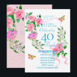 Invitación Pink Rose Ribbon 40th  Birthday Invitation<br><div class="desc">Lovely and elegant rose with butterfly.  You can changes the texts to your choice.
Suitabe for 40th,  50 th,  60th,  70th etc.</div>