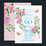 Invitación Pink Rose Ribbon 60th  Birthday Invitation<br><div class="desc">Lovely and elegant rose with butterfly.  You can changes the texts to your choice.
Suitabe for 40th,  50 th,  60th,  70th etc.</div>