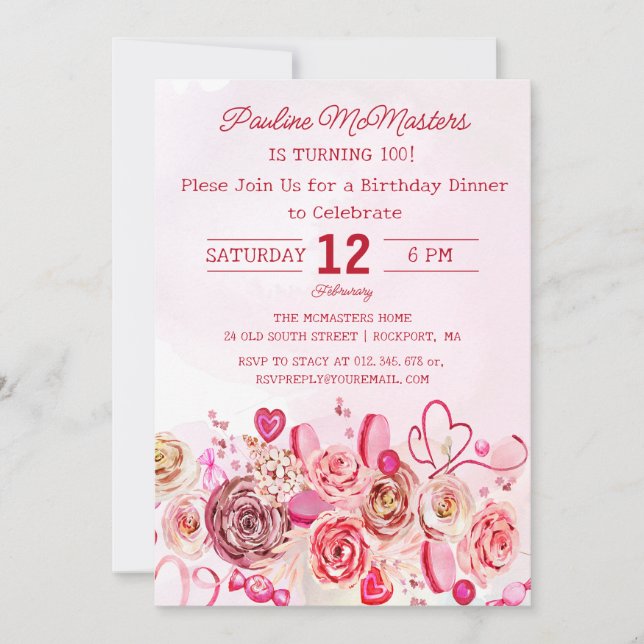Invitación Pink Rose Swirly Heart 100th Birthday Dinner (Anverso)