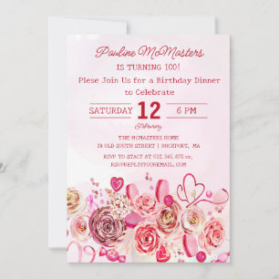 Invitación Pink Rose Swirly Heart 100th Birthday Dinner