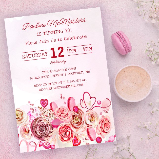 Invitación Pink Rose Swirly Heart Valentine, 70 años (Subido por el creador)