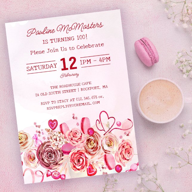 Invitación Pink Rose Swirly Heart Valentine cumple 100 años (Subido por el creador)