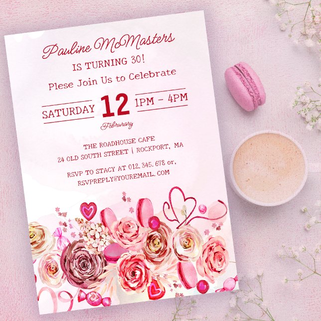 Invitación Pink Rose Swirly Heart Valentine cumple 30 años (Subido por el creador)