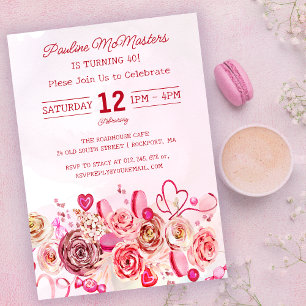 Invitación Pink Rose Swirly Heart Valentine cumple 40 años