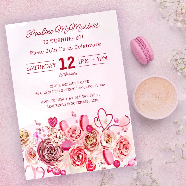 Invitación Pink Rose Swirly Heart Valentine cumple 80 años (Subido por el creador)