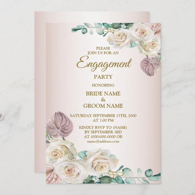 Invitación Pink Rose Watercolor Greenery Golden Engagement (Anverso / Reverso)