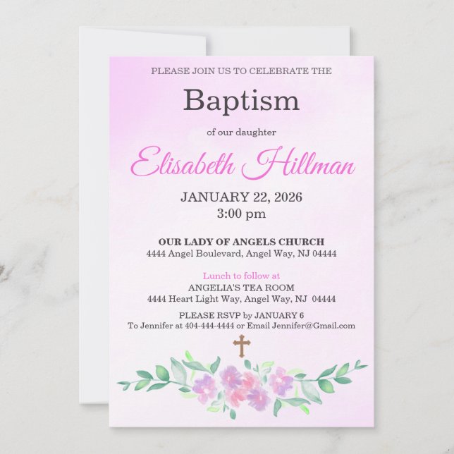 Invitación Pink Rose Watercolor Ombre Cross Baptism (Anverso)