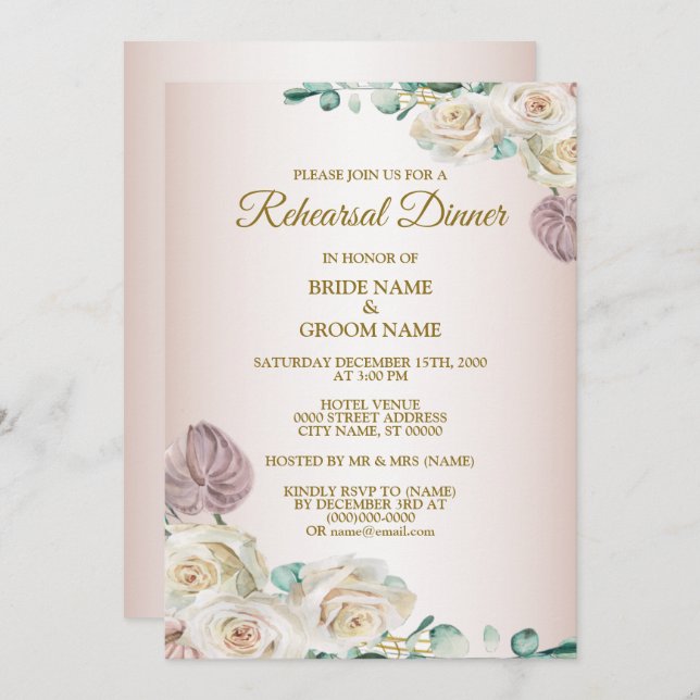 Invitación Pink Rose Watercolor Wedding Rehearsal Dinner (Anverso / Reverso)