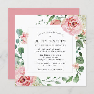 Invitación Pink Rose White Hydrangea 80th Birthday Party