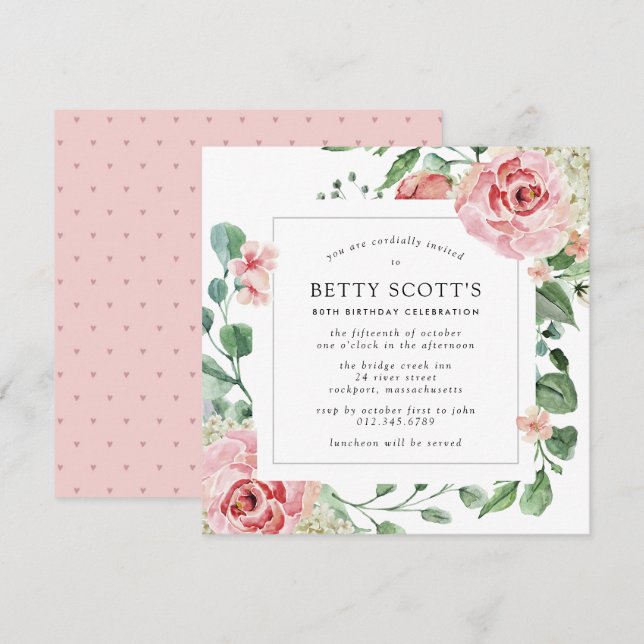 Invitación Pink Rose White Hydrangea 80th Birthday Party (Anverso / Reverso)