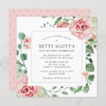 Invitación Pink Rose White Hydrangea 80th Birthday Party<br><div class="desc">Una invitación muy bonito para una fiesta de cumpleaños número 80. La moderna forma cuadrada tiene un marco botánico decorado con rosas rosas rosas y hortensias blancas. Hermosas hojas de eucalipto verde y ramas de rosa crean un ambiente abierto y aireado. La invitación de vuelta es rosa suave con pequeños...</div>