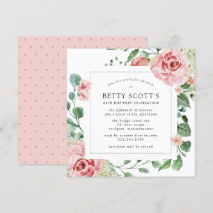 Invitación Pink Rose White Hydrangea 80th Birthday Party