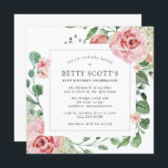 Invitación Pink Rose White Hydrangea 80th Birthday Party<br><div class="desc">Una invitación muy bonito para una fiesta de cumpleaños número 80. La moderna forma cuadrada tiene un marco botánico decorado con rosas rosas rosas y hortensias blancas. Hermosas hojas de eucalipto verde y ramas de rosa crean un ambiente abierto y aireado. Todo el texto es editable. También hay material de...</div>