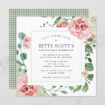 Invitación Pink Rose White Hydrangea 80th Birthday Party<br><div class="desc">Una invitación muy bonito para una fiesta de cumpleaños número 80. La moderna forma cuadrada tiene un marco botánico decorado con rosas rosas rosas y hortensias blancas. Hermosas hojas de eucalipto verde y ramas de rosa crean un ambiente abierto y aireado. La invitación a volver es rústico, de color verde...</div>