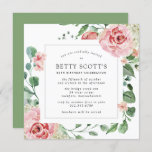 Invitación Pink Rose White Hydrangea 80th Birthday Party<br><div class="desc">Una invitación muy bonito para una fiesta de cumpleaños número 80. La moderna forma cuadrada tiene un marco botánico decorado con rosas rosas rosas y hortensias blancas. Hermosas hojas de eucalipto verde y ramas de rosa crean un ambiente abierto y aireado. Todo el texto es editable. También hay material de...</div>