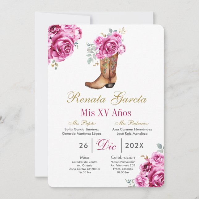 Invitación Pink rose with boot Quinceañera Invitation (Anverso)