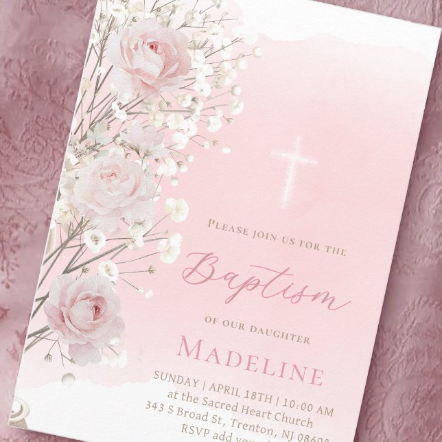 Invitación pink roses and baby's breath | Baptism baby girl  (Subido por el creador)