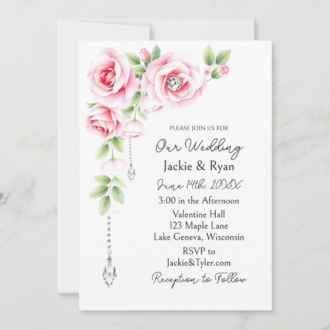 Invitación Pink Roses and Diamonds Floral Wedding  (Anverso)