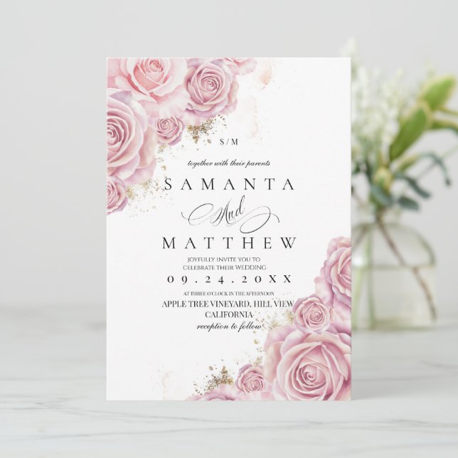 Invitación Pink Roses and Gold Dusty Elegant Flower Wedding  (Anverso de pie)