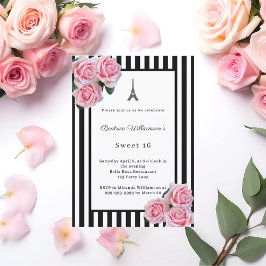 Invitación Pink roses black white stripes Paris Sweet 16