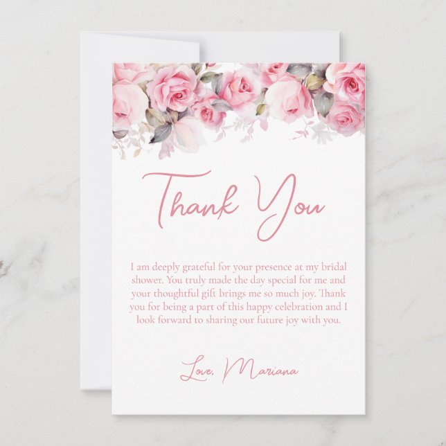 Invitación Pink Roses Bridal Shower Thank You Card (Anverso)