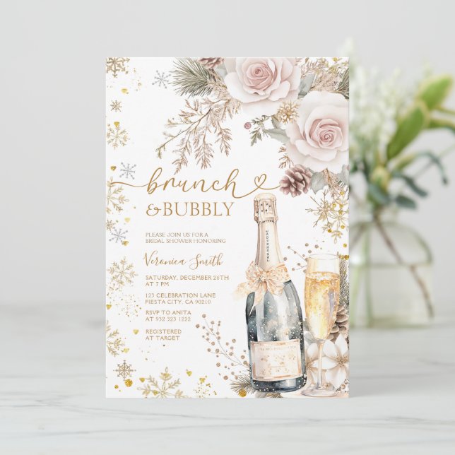 Invitación Pink Roses Brunch Bubbly Champagne Bridal Shower  (Anverso de pie)