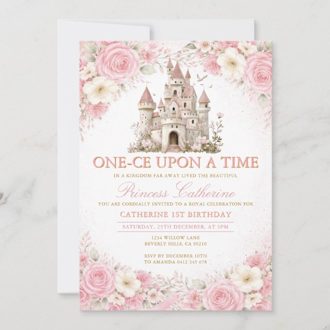 Invitación Pink Roses Castle Princess Birthday Invitation (Anverso)