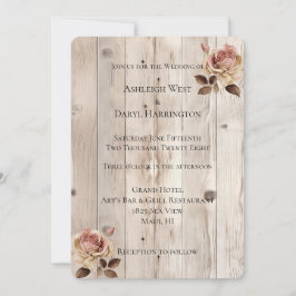 Invitación Pink Roses Cream White Wood Wedding