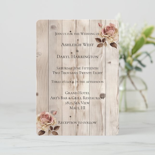 Invitación Pink Roses Cream White Wood Wedding (Anverso de pie)
