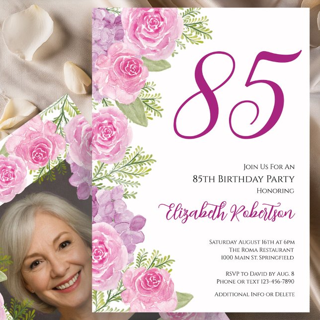 Invitación Pink Roses Custom Photo Template 85th Birthday (Subido por el creador)