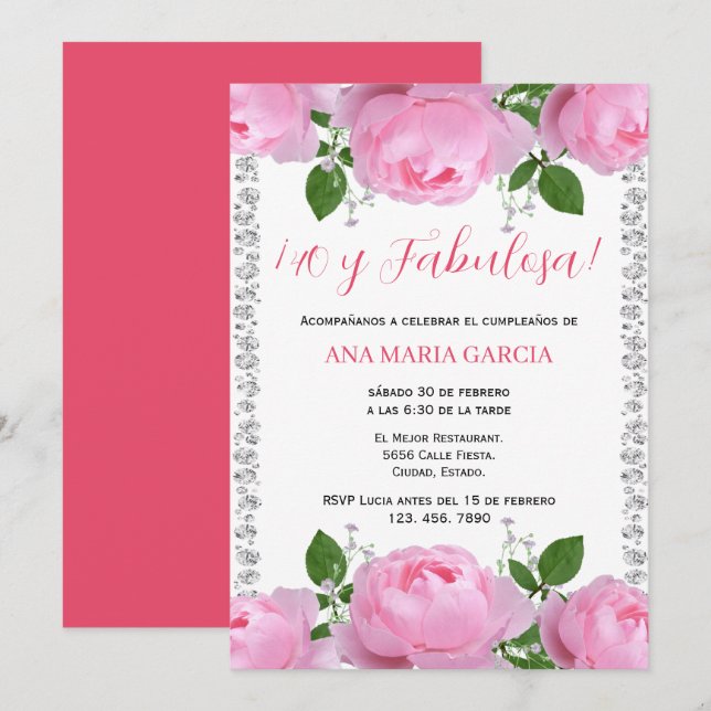 Invitación Pink Roses & Diamonds 40th Birthday Spanish (Anverso / Reverso)