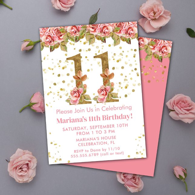 Invitación Pink Roses Floral 11ª fiesta de cumpleaños (Subido por el creador)