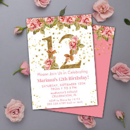 Invitación Pink Roses Floral 12th Birthday Party