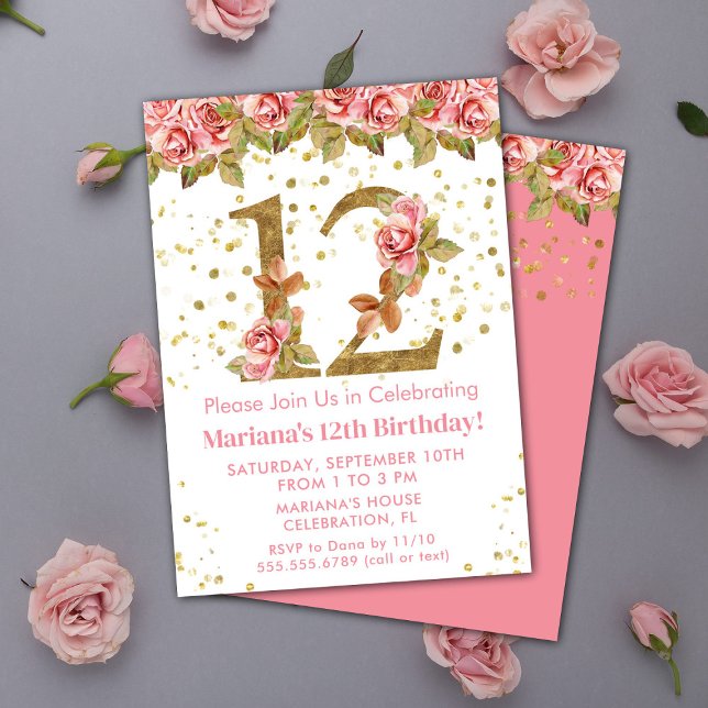 Invitación Pink Roses Floral 12th Birthday Party (Subido por el creador)