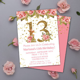 Invitación Pink Roses Floral 13th Birthday Party