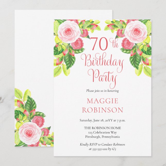 Invitación Pink Roses Floral 70 cumpleaños (Anverso / Reverso)