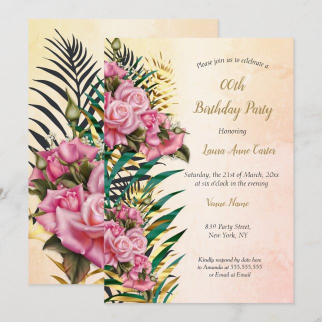 Invitación Pink Roses Floral Gold Palms Fiesta de cumpleaños (Anverso / Reverso)