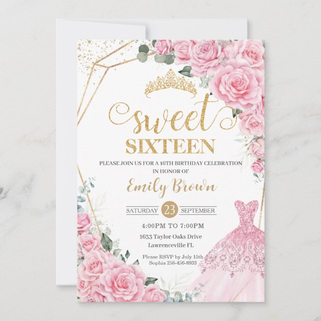 Invitación Pink Roses Floral Gold Princess Dress Sweet 16 (Anverso)